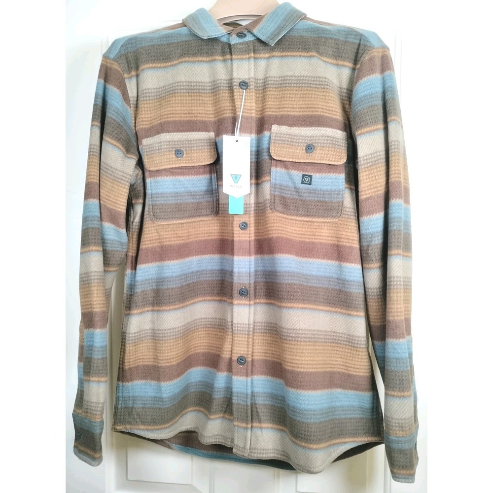 Vissla Eco-Zy LS Polar Flannel Shirt Medium NWT Brown Blue Striped Button Up